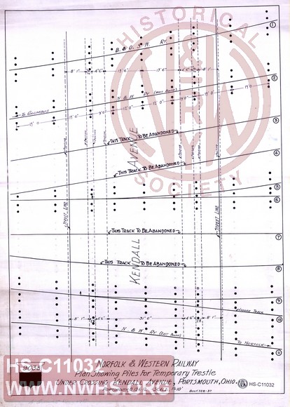 N&W Railway, Plan showing piles for temporary trestle under crossing Kendall Avenue, Portsmouth, Ohio