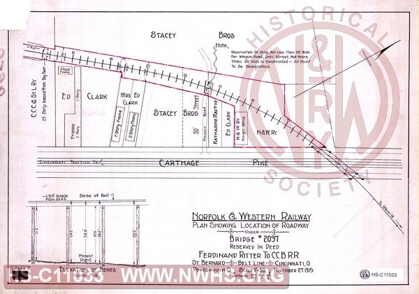N&W Ry, Plan showing location of roadway under bridge #2097 reserved in deed Ferdinand Ritter to C.C.B.R.R, Belt Line, Cincinnati, O