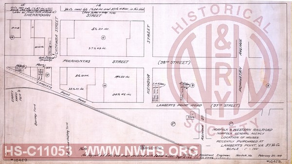 N&W Railroad, Norfolk General Agency, Location of houses recently purchased at Lamberts Point, VA by Va. Co.