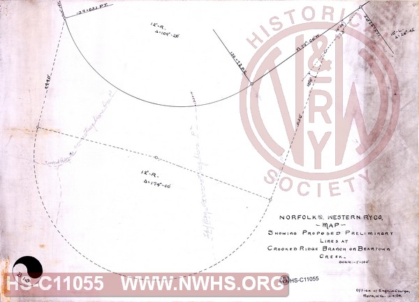 N&W R'y Co, Map showing proposed preliminary lines at Crooked Ridge Branch on Beartown Creek