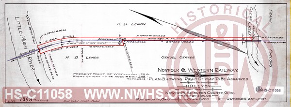 N&W Ry, Plan showing right of way to be acquired of H.D. Lemon near Newtown, Hamilton County, Ohio, MP 9+3100.0