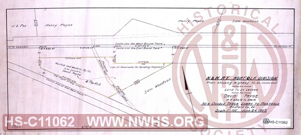 N&W Ry Norfolk Division, Plan showing highway to be reserved on land to be leased to David Payne, MP 230.15 to 230.31, New double track Lowry to Montvale, Bedford Co., Va
