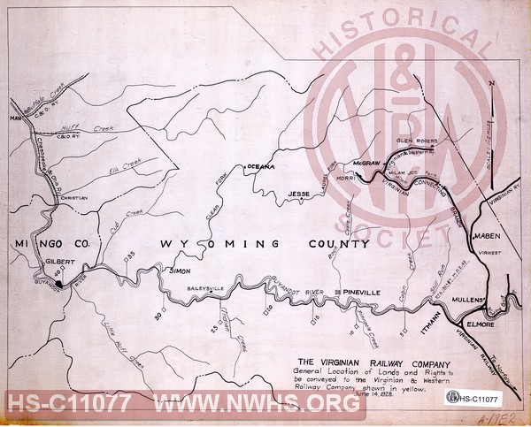 The Virginian Railway Company, General Location of lands and rights to conveyed to the Virginian & Western Railway Company shown in yellow.