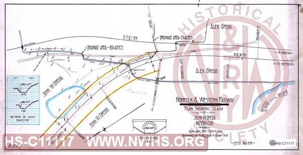 N&W Ry, Plan showing claim of John W. Gregg, MP 634+1200 near Glen Jean, Pike County, Ohio