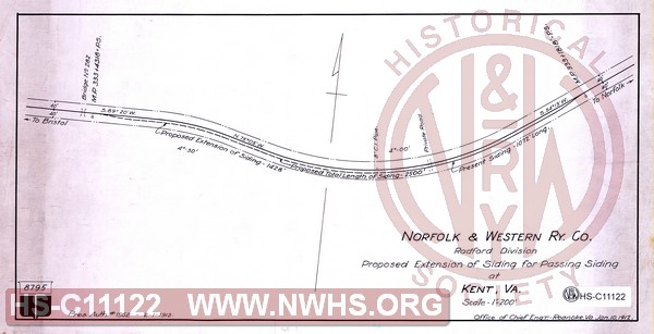 Proposed Extension of Siding for Passing Siding at Kent, VA, N&W Rwy Radford Division