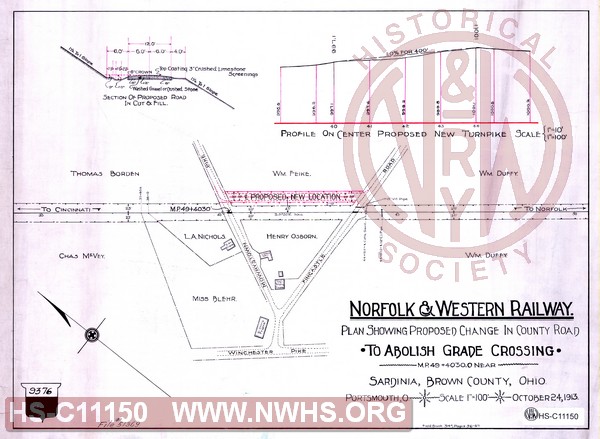 Plan Showing Proposed Change in County Road, to Abolish Grade Crossing, MP 49+4030' near Sardinia, OH