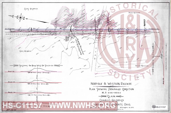 N&W Ry, Plan showing drainage condition MP 658+822.0, Claim Charles Geldreich, Davant, Ross County, Ohio