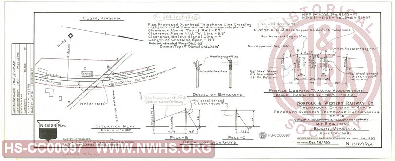 N&W Ry Co., Shenandoah Division - North, Proposed overhead telephone line crossing of the Virginia Telephone & Telegraph Company, M.P. H84, Elgin, Va