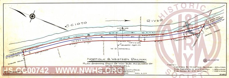 Plan showing Right of Way to be Acquired of W.D. Winchell near Stony Creek, Ross County OH, MP 647+3599' to MP 648+2055'