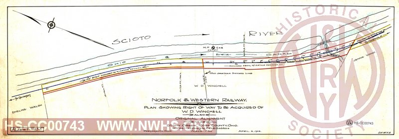 Plan showing Right of Way to be Acquired of W.D. Winchell - Also Original Alignment - near Stony Creek, Ross County OH, MP 647+3599' to MP 648+2055'