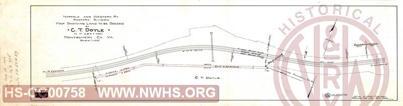 N&W Ry, Radford Division, Map Showing Land to be Deeded by C.T. Doyle, MP 284+750', Montgomery VA