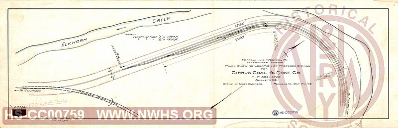 N&W Ry, Pocahontas Division, Plan Showing Location of Proposed Sidings for Cirrus Coal & Coke Co., MP 394+2720'.