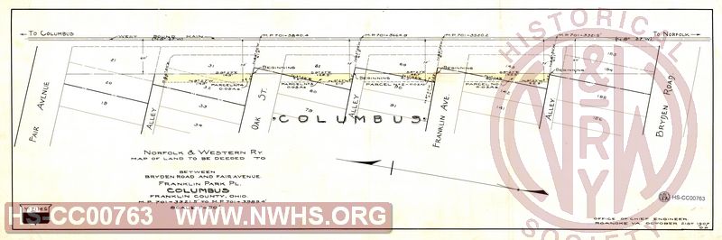 N&W Ry,Map of Land to be Deeded to [Blank] between Bryden Road and Fair Ave, Franklin Park Place, Columbus OH, MP 701+3321.5' to MP 701+3989.4'