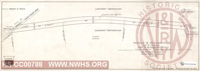 N&W Rwy Co., Line to Camp Lee, Land to be Acquired from Lakemont Corp., Sta. 97+31.6 to Sta. 115+34, Prince George County VA