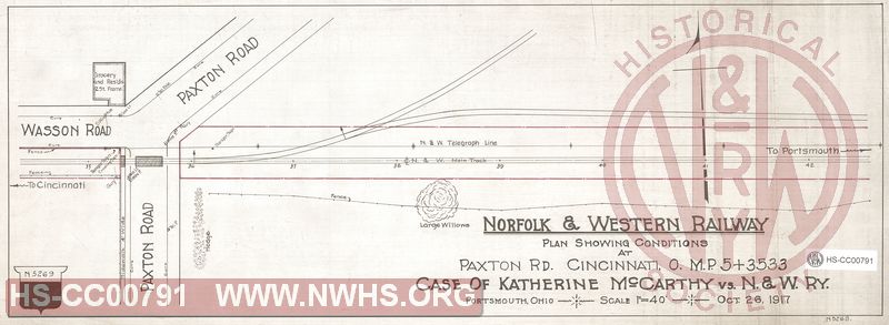N&W Rwy.,Plan Showing Conditions at Paxton Rd., Cincinnati OH MP 5+3533', Case of Katherine McCarthy vs. N&W Rwy.