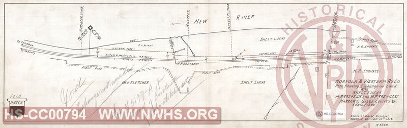 N&W Ry Co, Plan showing exchange of land with Shelt Lucas, MP 332+2415 and MP 332+4251', Narrows, Gile County Va.