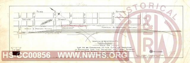 N&W Rwy, Scioto Div. Map of Lot to be Conveyed to the City of Ironton in Exchange for the Vacation of First Street East of Pine Street and North of Iron Railroad, Ironton OH