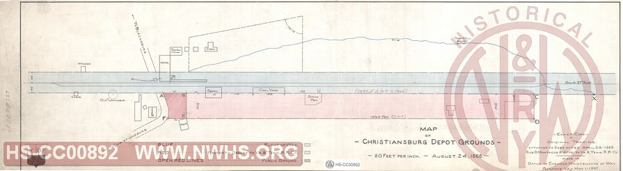 Map of Christiansburg Depot Grounds August 24, 1868, Exact Copy of Original Tracing attached to deed dated April 24, 1869, Rice D. Montague & Wife to Va & Tenn R.R. Co.
