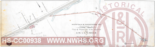 Plan of Properties to be acquired from C.W. & G.W. Mills at MP 354+3640' and +4040' for dam site, tank location and pipe line, Mercer County WV