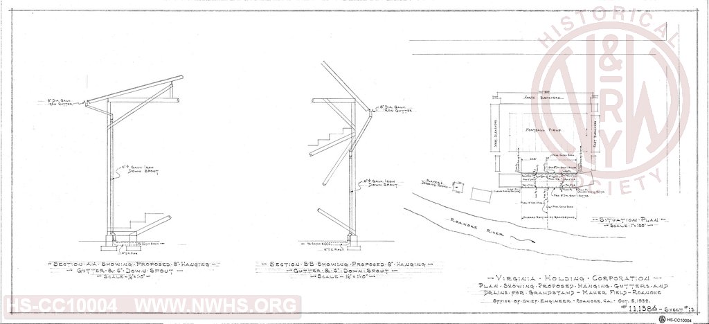 Plan Showing Proposed Hanging Gutters and Drains for Grandstand, Maher Field, Roanoke