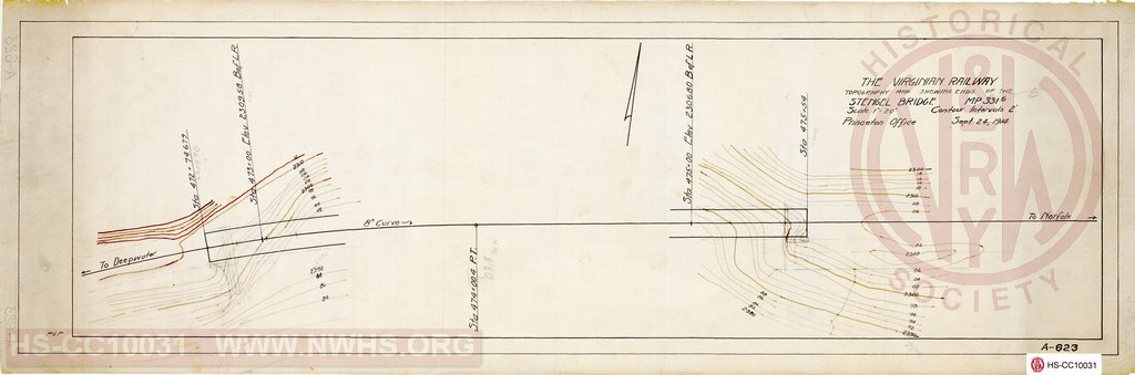 Topography Map Showing Ends of the Stengel Bridge, MP 331.6, The Virginian Railway