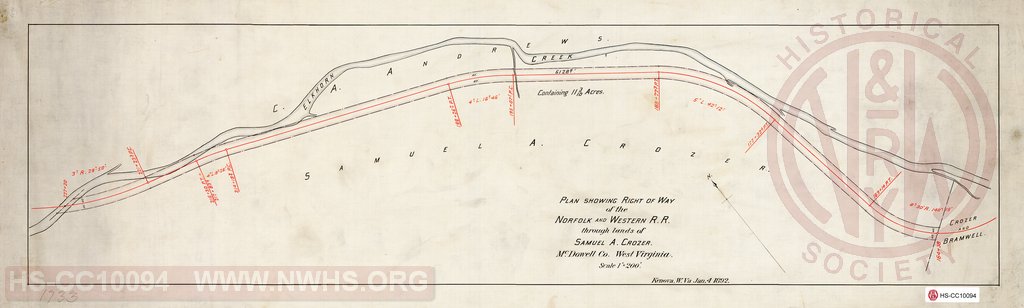 Plan showing Right of Way of the N & W RR through lands of Samuel A. Crozer, McDowell Co. WV