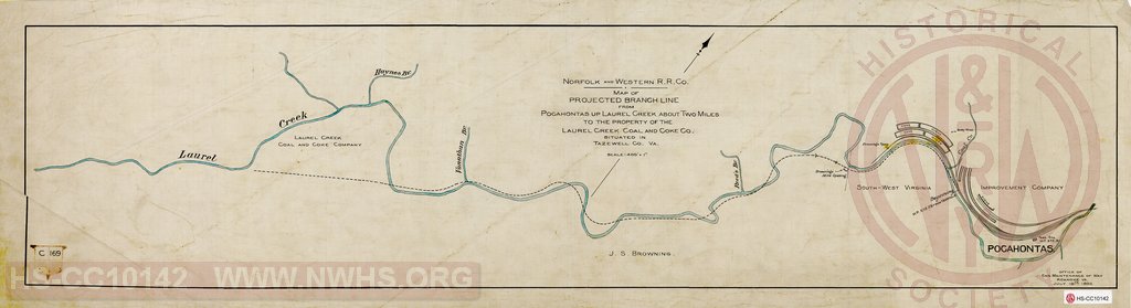 Map of projected branch line from Pocahontas up Laurel Creek about two miles to the property of the Laurel Creek Coal and Coke Co. in Tazewell County.