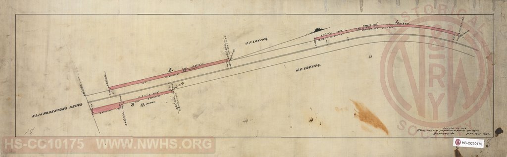 Plot of lands along track. No location given. Shows "J.F. Loving" & "Elijah Deaton's Heirs"