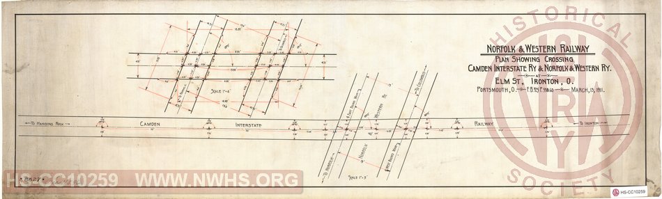 Plan showing crossing Camden Interstate Ry & Norfolk & Western Railway at Elm St, Ironton, OH