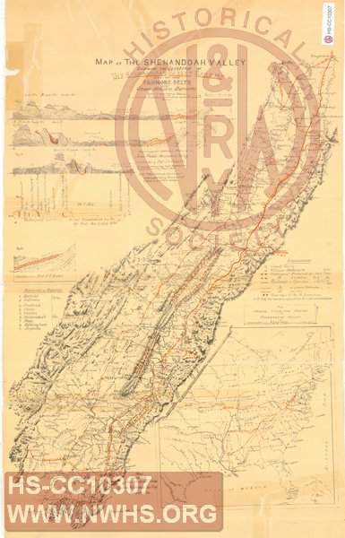 Map of The Shenandoah Valley show the location of  The Shenandoah Valley Railroad and of the Iron-Ore belts and other mineral deposits