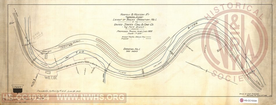 N&WRY Layout of Tracks Operation No. 1 of the United States Coal & Coke Co, Tug Fork Branch showing proposed track to be laid 1906