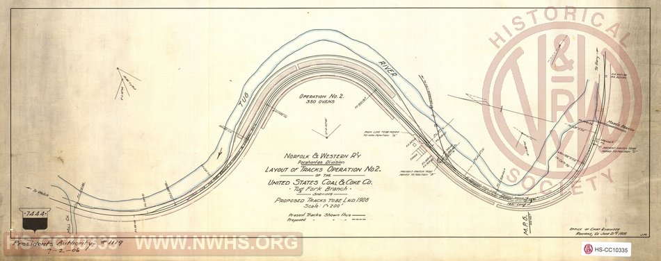 N&WRY Layout of Tracks Operation No. 2 of the United States Coal & Coke Co, Tug Fork Branch showing proposed track to be laid 1906