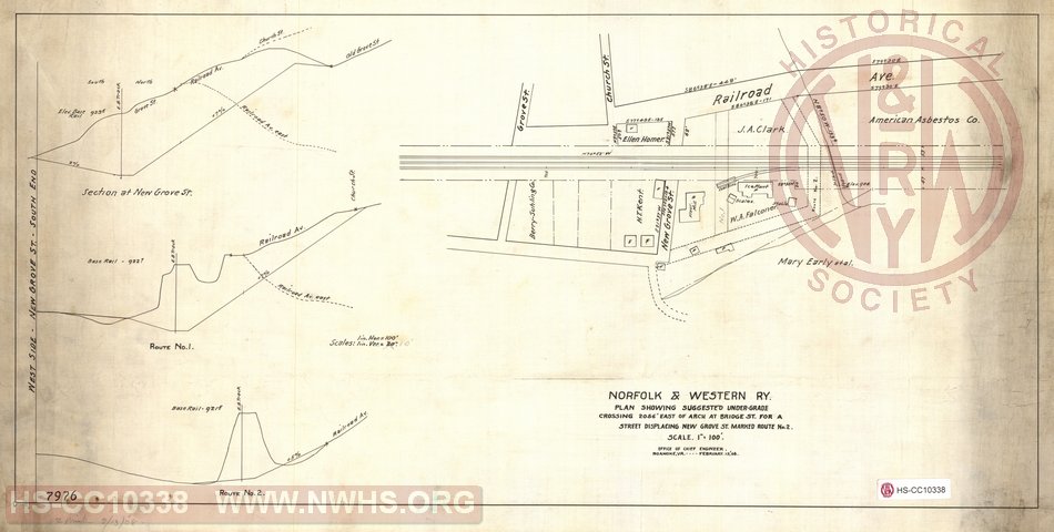 N&W Ry Plan showing suggested under-grade crossing 2056' east of arch at Bridge St for Street displacing New Grove St Marked Route No. 2