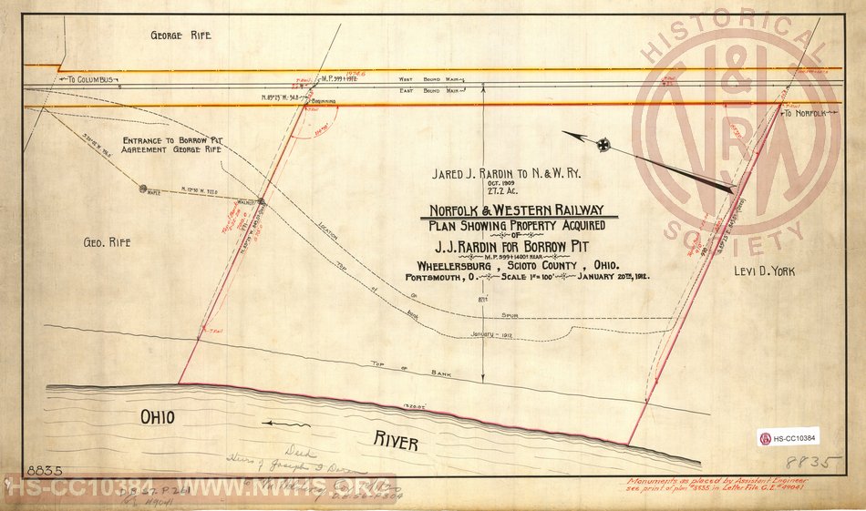 N&WRY Plan showing property acquired of J.J. Rardin for Borrow Pit MP599+1400 near Wheelersburg, Scioto County, Oh