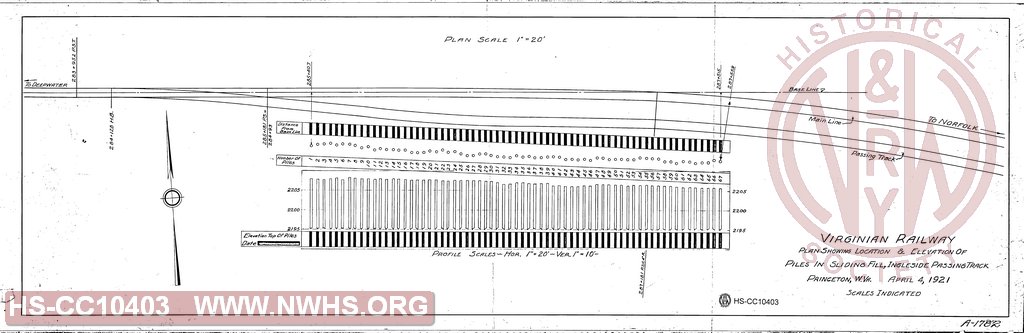 Virginian Railway, Plan Showing location & elevation of piles in sliding fill, Ingleside Passing Track