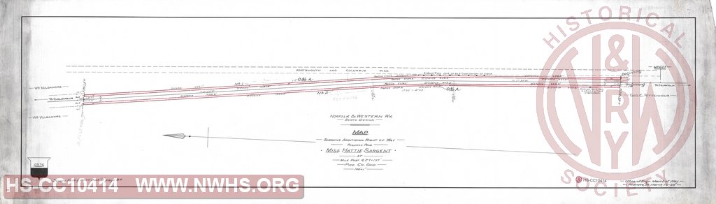 N&W Ry, Scioto Division, Map showing additional Right of Way required from Miss Hattie Sargent at Mile Post 627+197, Pike Co. Ohio