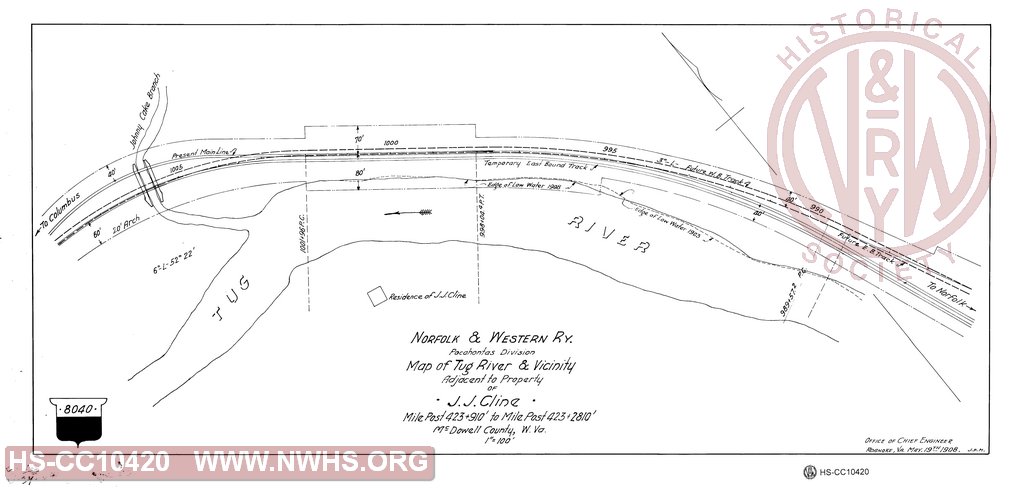 N&W Ry, Pocahontas Division, Map of Tug River & Vicinity, Adjacent to Property fo J.J. Cline, MP 423+910' to MP 423+2810'
