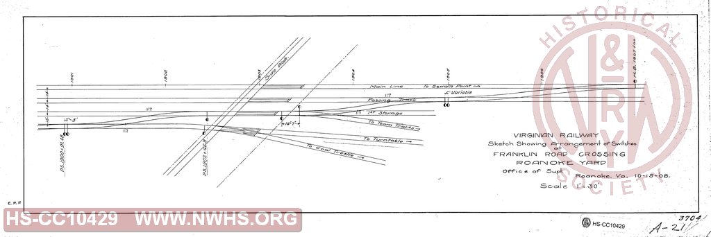 Virginian Railway Sketch Showing arrangement of switches at Franklin road crossing Roanoke yard