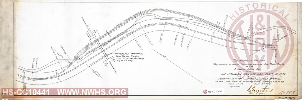 The Virginian Railway, Map showing proposed temporary overhead coal tipple trestle of the Lynwin Coal Co across The Virginian Railway Co's right of way at Goodwin, M.P. 19.5 Winding Gulf Branch on the left fork of the Winding Gulf Raleigh Co. W.VA