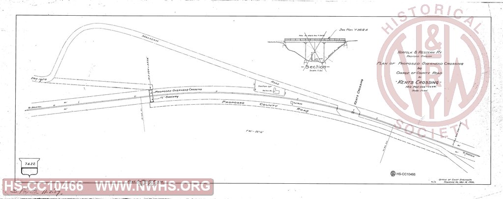 Norfolk & Western Ry Radford division, Plan of proposed overhead crossing and change of county road at Kents Crossing MP 334+3228'