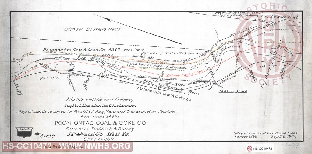 N&W Ry, Tug Fork Branch of the Ohio Extension, Map of lands required for right of way, yard and transportation facilities from lands of the Pocahontas Coal & Coke Co, Formely Sudduth & Bailey, McDowell Co West Va