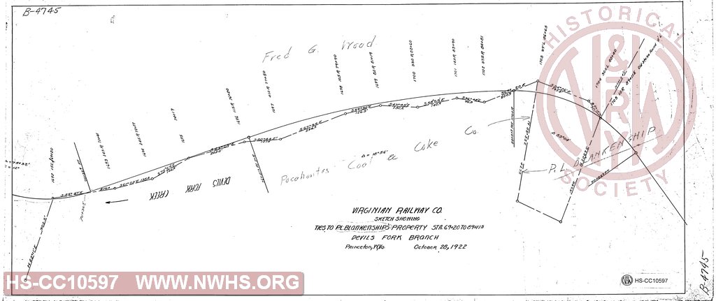 Sketch showing Tied to P.L. Blankenship's property, Sta. 69+20 to 89+11.5, Devils Fork Branch.