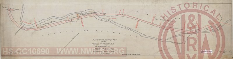 Plan showing right of way of the Norfolk and Western R.R. through lands of Crozer and Bramwell, McDowell Co. West Virginia