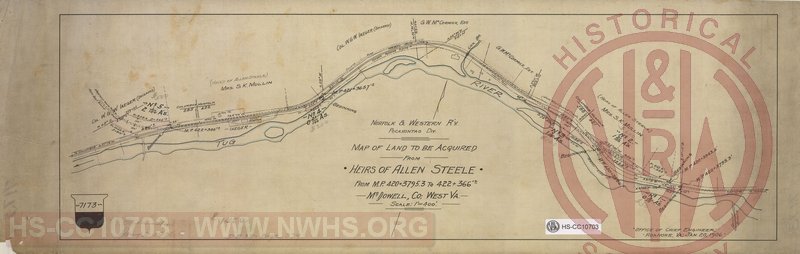 N&W Ry, Pocahontas Div, Map of land to be acquired from heirs of Allen Steele from M.P. 420+3795.3 to 422+366, McDowell Co; West VA