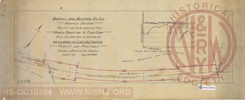 N&W Ry Co., Norfolk Division, map of land to be acquired from Andrew Robertson & Floyd Gray from sta 652+33.6 to Sta 670+50 on change of line between between Forest and Montvale situate in Bedford Co., Virginia