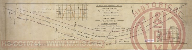 N&W Ry Co, Norfolk Division, Map of land to be acquired from W.T.  J.R. Lindsay, Sta 388+42 to Sta 406+32, Concord branch of low grade line Concord to Forest, Situate in Campbell Co., Virginia