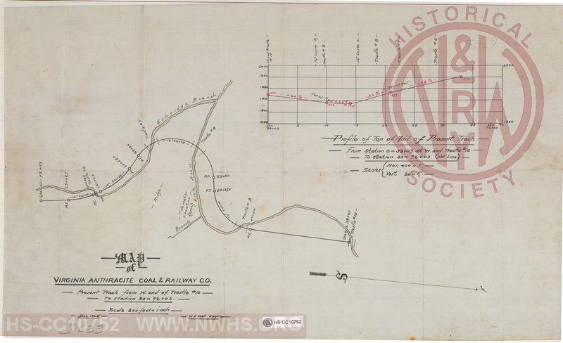 Map of Virginia Anthracite Coal & Railway Co, Present track from W. end of Trestle #10 to station 33=72+03