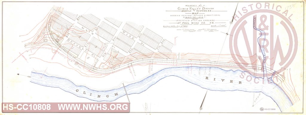 Map showing Original, Revised and Additional Right of Way. Also Proposed Station Grounds, St. Paul, Wise County VA. Residency No. 11, Clinch Valley Division, N&W RR.