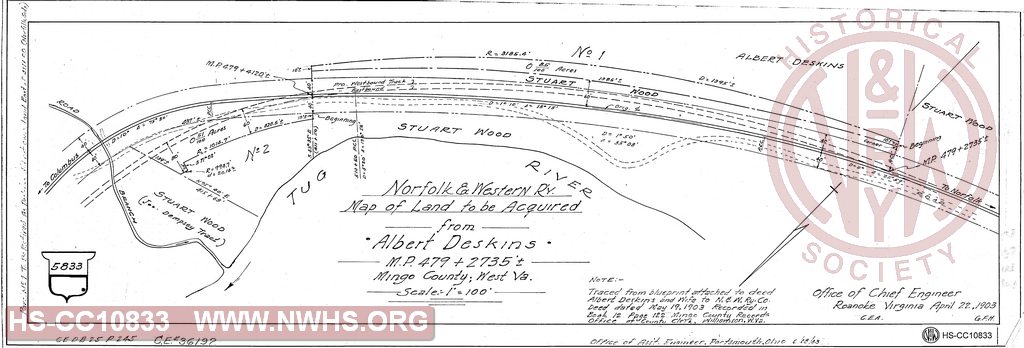 Map of Land to be acquired from Albert Deskins, MP 479+2735', Mingo County WV.