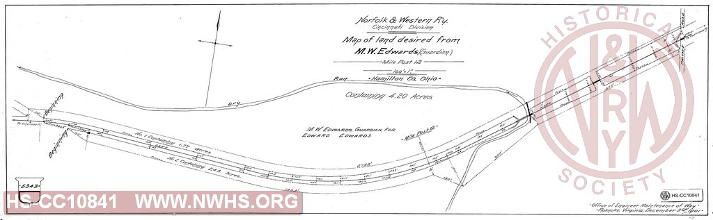 Map of Land desired from M. W. Edwards (Guardian), Mile Post 12, Hamilton County OH.